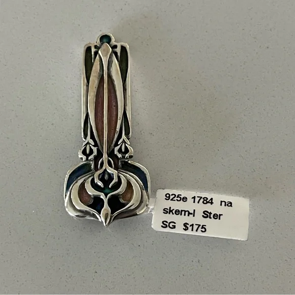 Unique pink & green enameled sterling silver 925 pendant - Picture 7 of 10